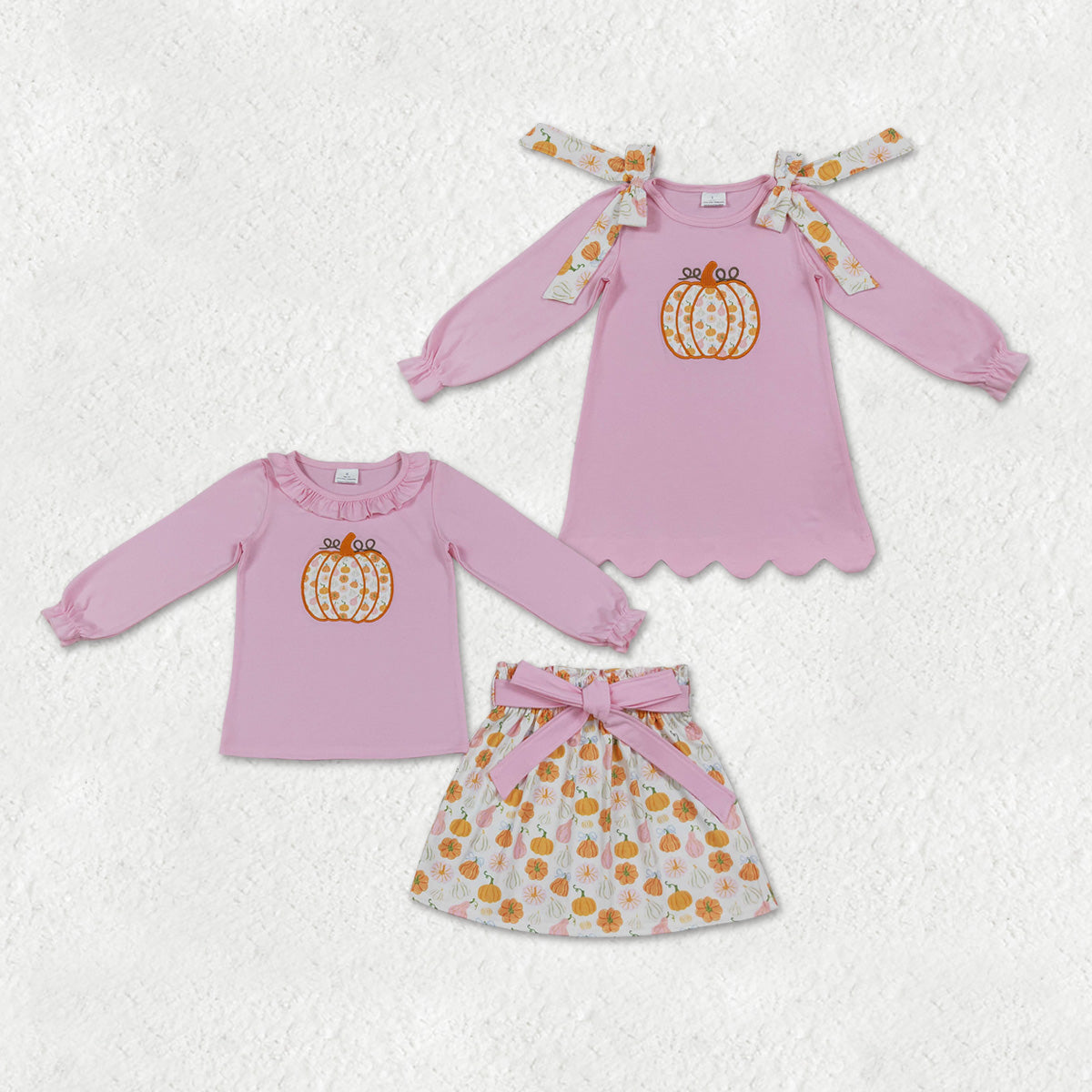 Sibling Baby Girls Embroidery Flower Pumpkins Top Bows Skirt Fall Clothes Set Scallop Tops