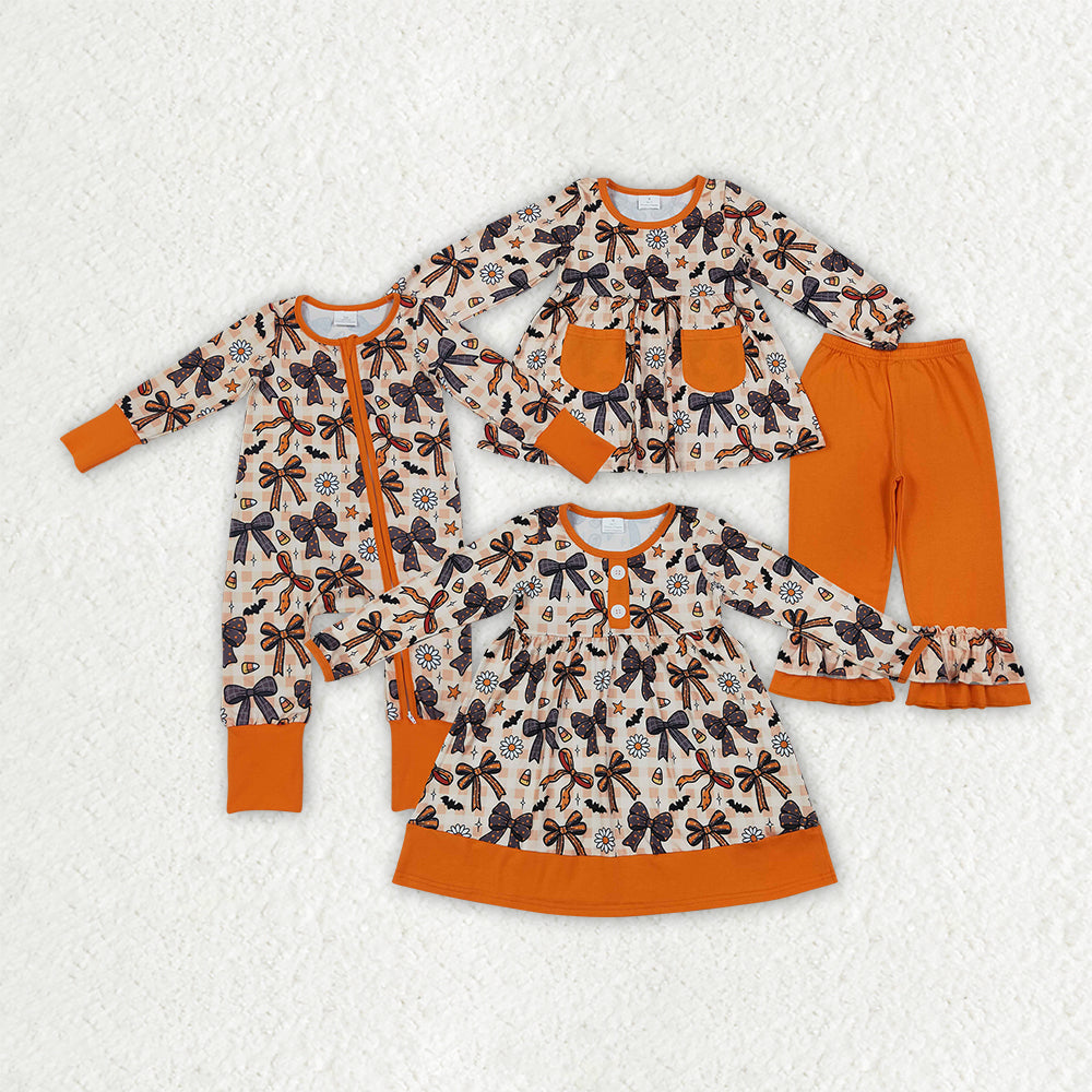 Sibling Baby Girls Bats Flowers Bows Pockets Tunic Ruffle Pant Halloween Clothes Set Button Dress