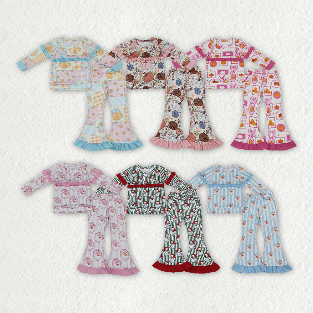 Sibling Baby Girls Long Sleeve Pumpkins Santa Top Ruffle Bell Bottom Pant Clothes Sets