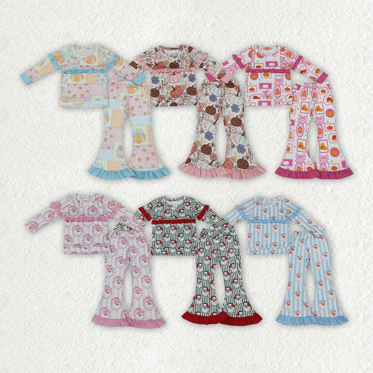 Sibling Baby Girls Long Sleeve Pumpkins Santa Top Ruffle Bell Bottom Pant Clothes Sets