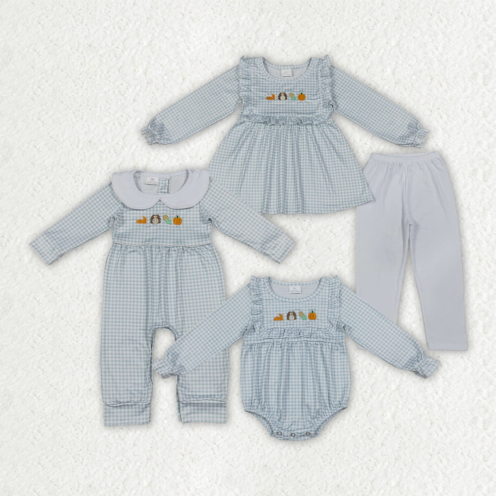 Sibling Baby Girls Embroidery Pumpkins Turkey Checked Tunic Pant Thanksgivings Sets Rompers