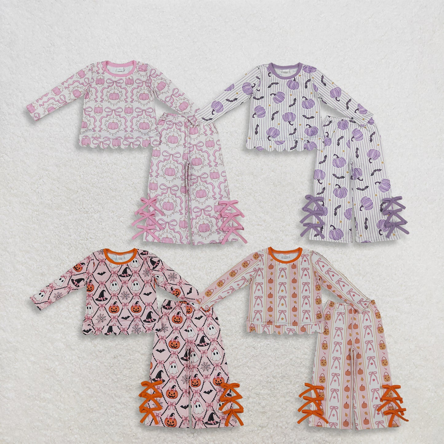 Sibling Baby Girls Bows Bats Pumpkins Scallop Top Bows Flare Pant Fall Halloweens Clothes Sets