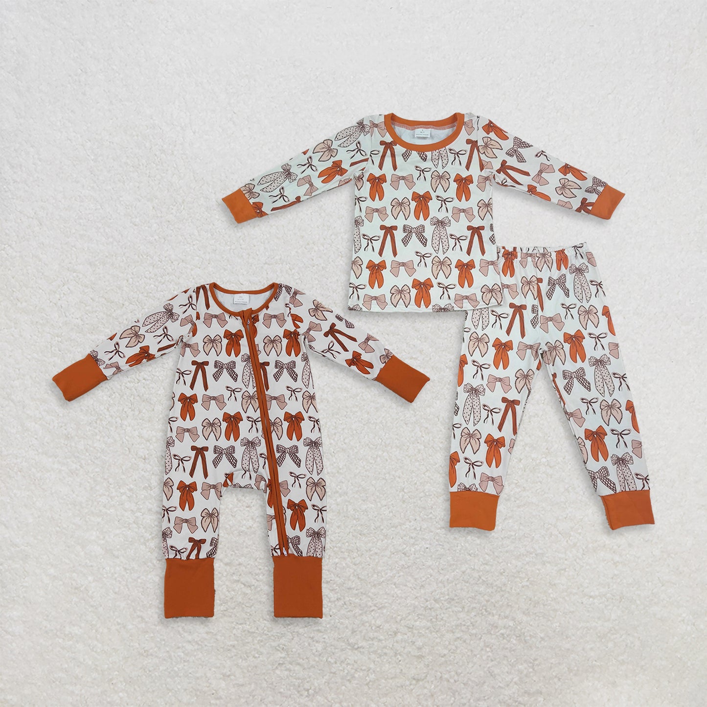 Sibling Baby Girls Fall Bows Plaid Top Pant Pajamas Set Zip Rompers