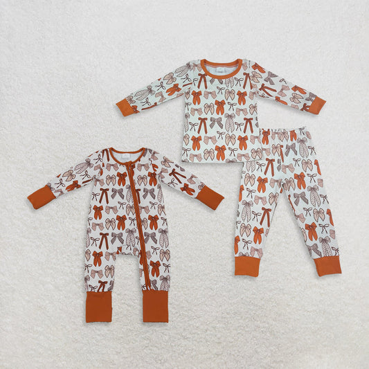 Sibling Baby Girls Fall Bows Plaid Top Pant Pajamas Set Zip Rompers