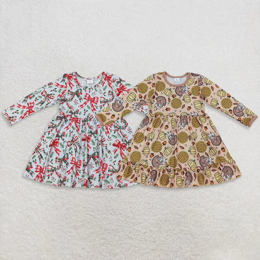 Sibling Baby Girls Red Green Bows Turkey Pumpkins Ruffle Knee Length Dresses