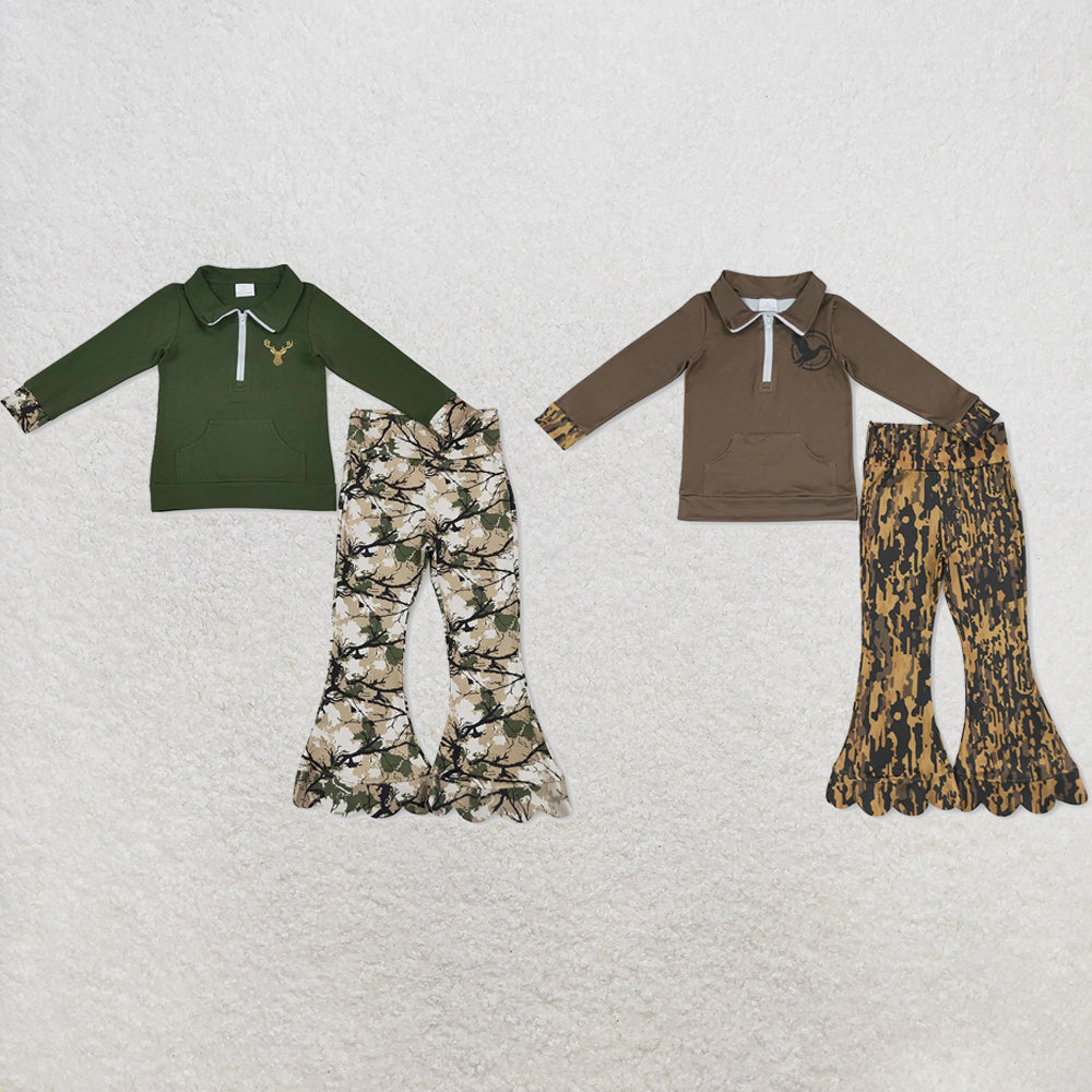 Sibling Baby Girls Deer Ducks Zip Pocket Pullovers Camo Scallop Pant Hunting Clothes Sets