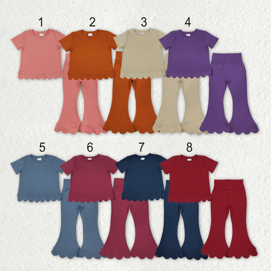Sibling Baby Girls Short Sleeve Colorful Top Bell Bottom Pant Scallop Clothes Sets