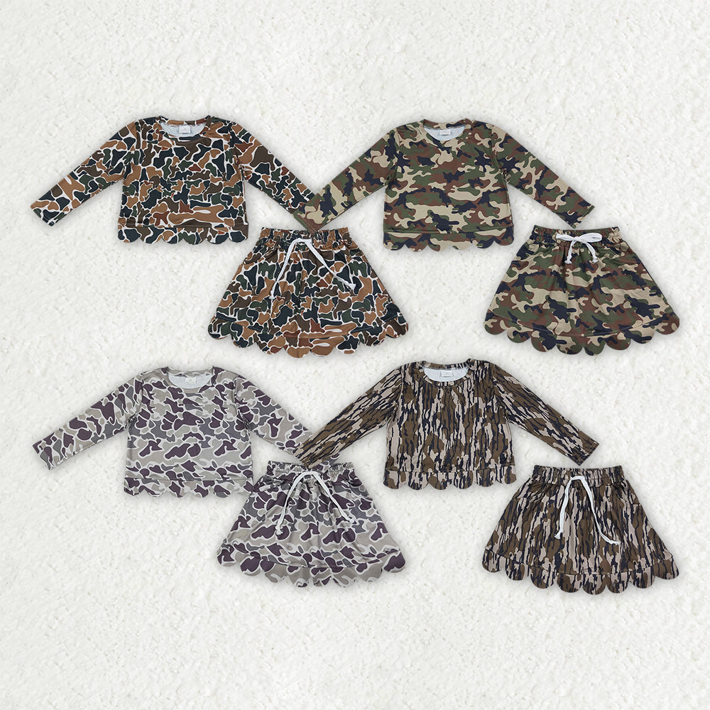 Sibling Baby Girls Long Sleeve Southern Camo Shirts Top Skirt Short Scallop Clothes Sets