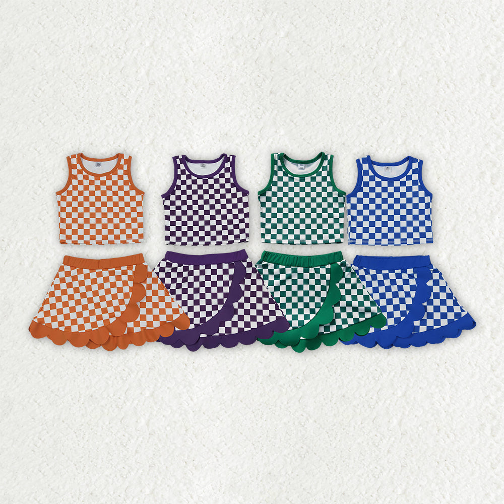 Sibling Baby Girls Colorful Checked Vests Scallop Skirt Short Yoga Active Clothes Sets
