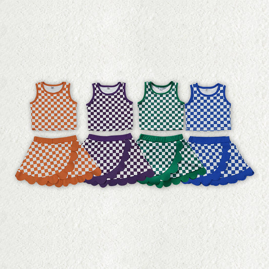 Sibling Baby Girls Colorful Checked Vests Scallop Skirt Short Yoga Active Clothes Sets