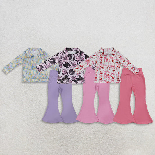 Sibling Baby Girls Bows Ghosts Santa Zip Pullovers Bell Bottom Halloween Christmas Sets