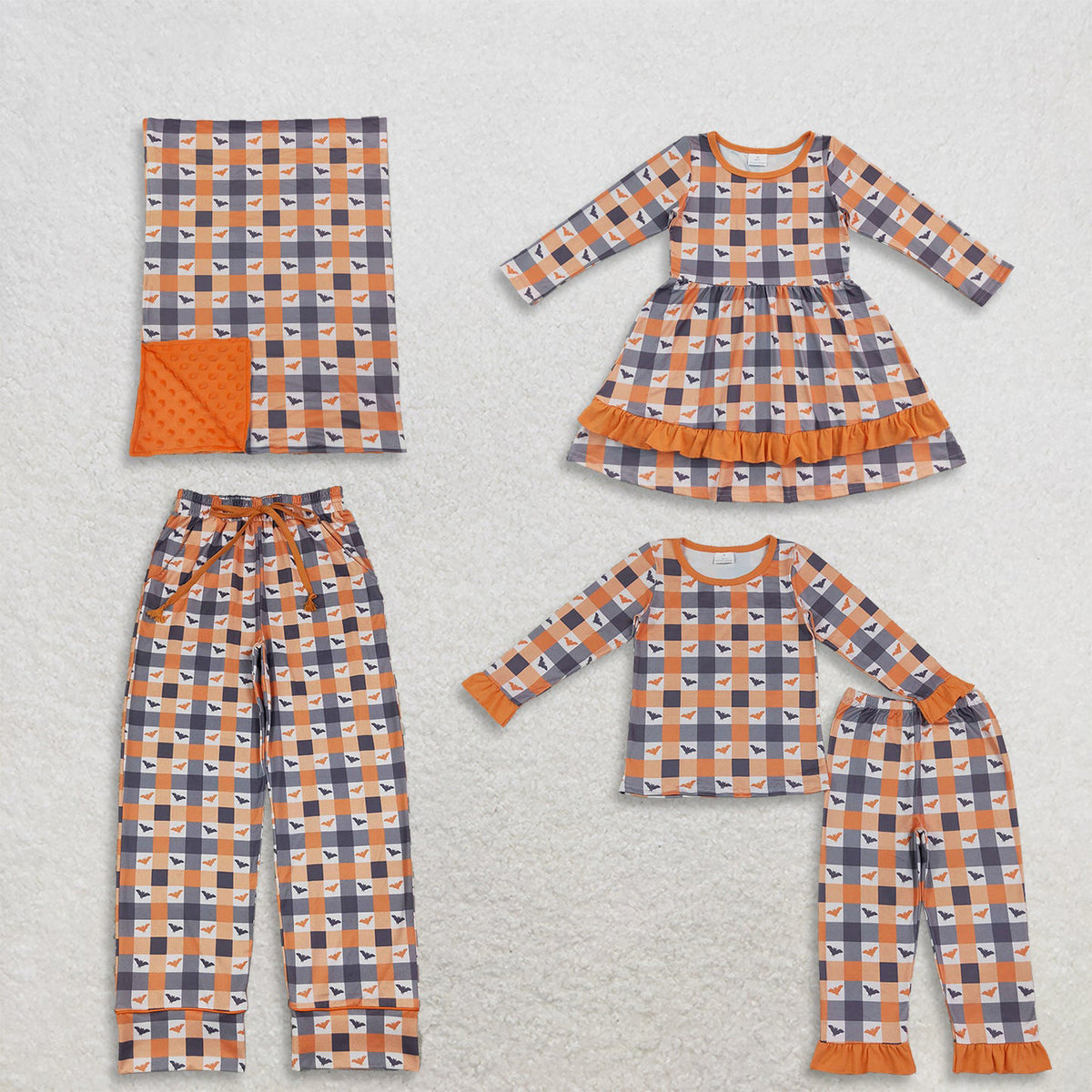 Family Sibling Bats Checked Women Girls Halloween Pajamas Sets Ruffle Dress Pant Blanked