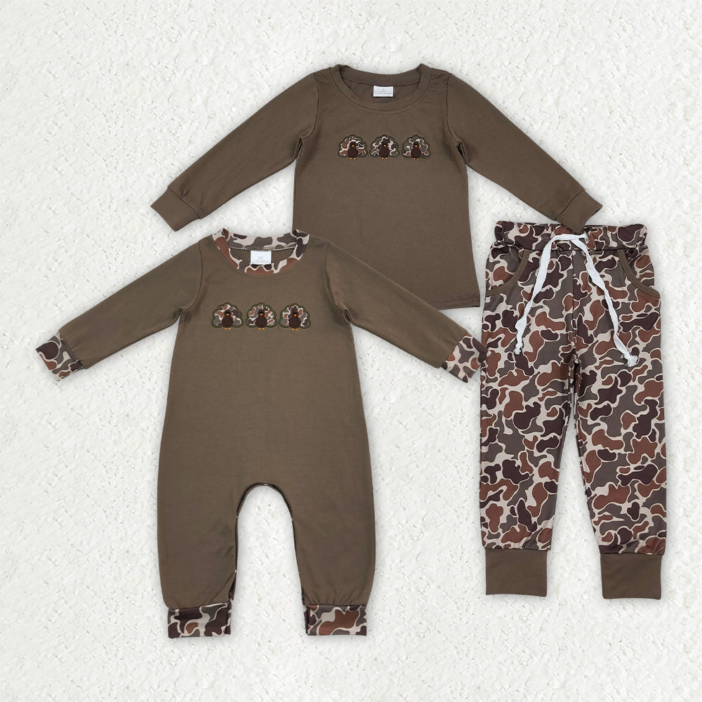 Sibling Baby Boys Embroidery Turkey Brown Camo Pockets Joggers Clothes Set Rompers