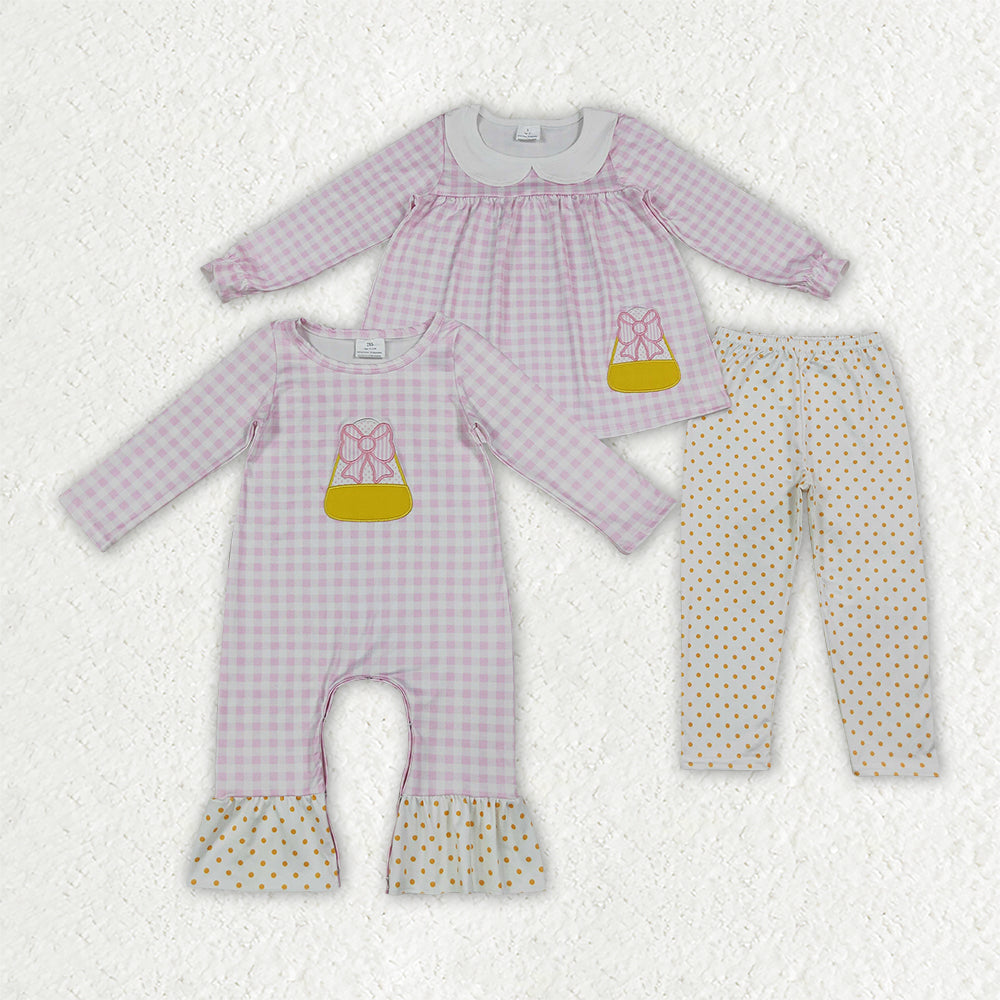 Sibling Baby Girls Embroidery Bow Candy Pink Checked Thanksgivings Clothes Set Rompers