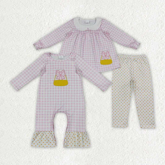 Sibling Baby Girls Embroidery Bow Candy Thanksgivings Clothes Set Pant Rompers