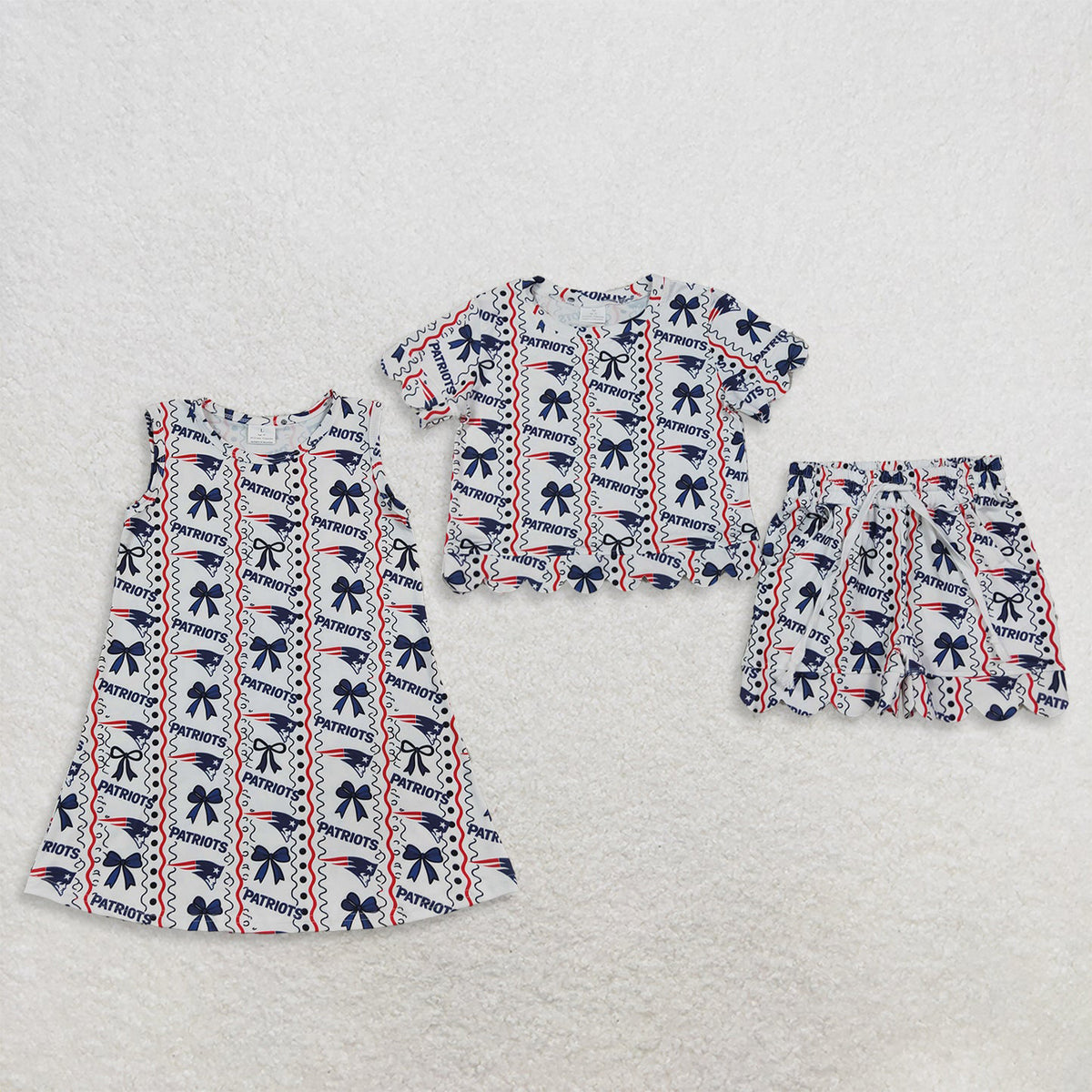 Sibling Baby Girls Patriots Bows Stripe Team Knee Length Dress Scallop Clothes Sets