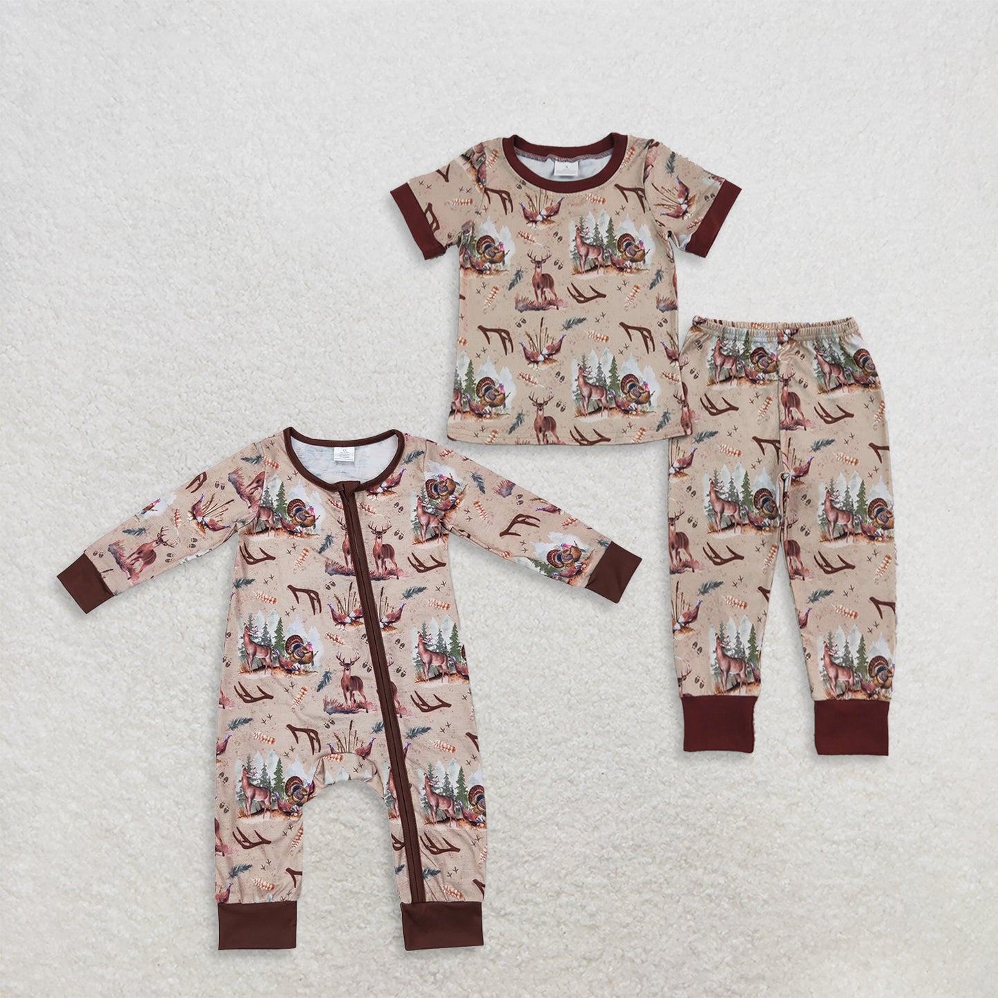 Sibling Baby Boys Deer Birds Turkey Top Pant Hunting Pajamas Set Zip Rompers