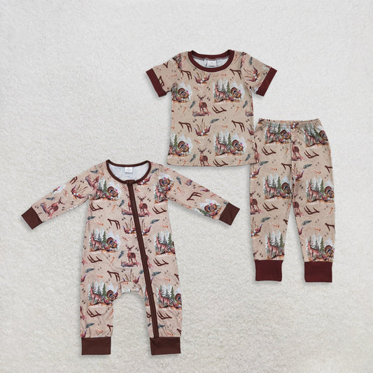 Sibling Baby Boys Deer Birds Turkey Top Pant Hunting Pajamas Set Zip Rompers