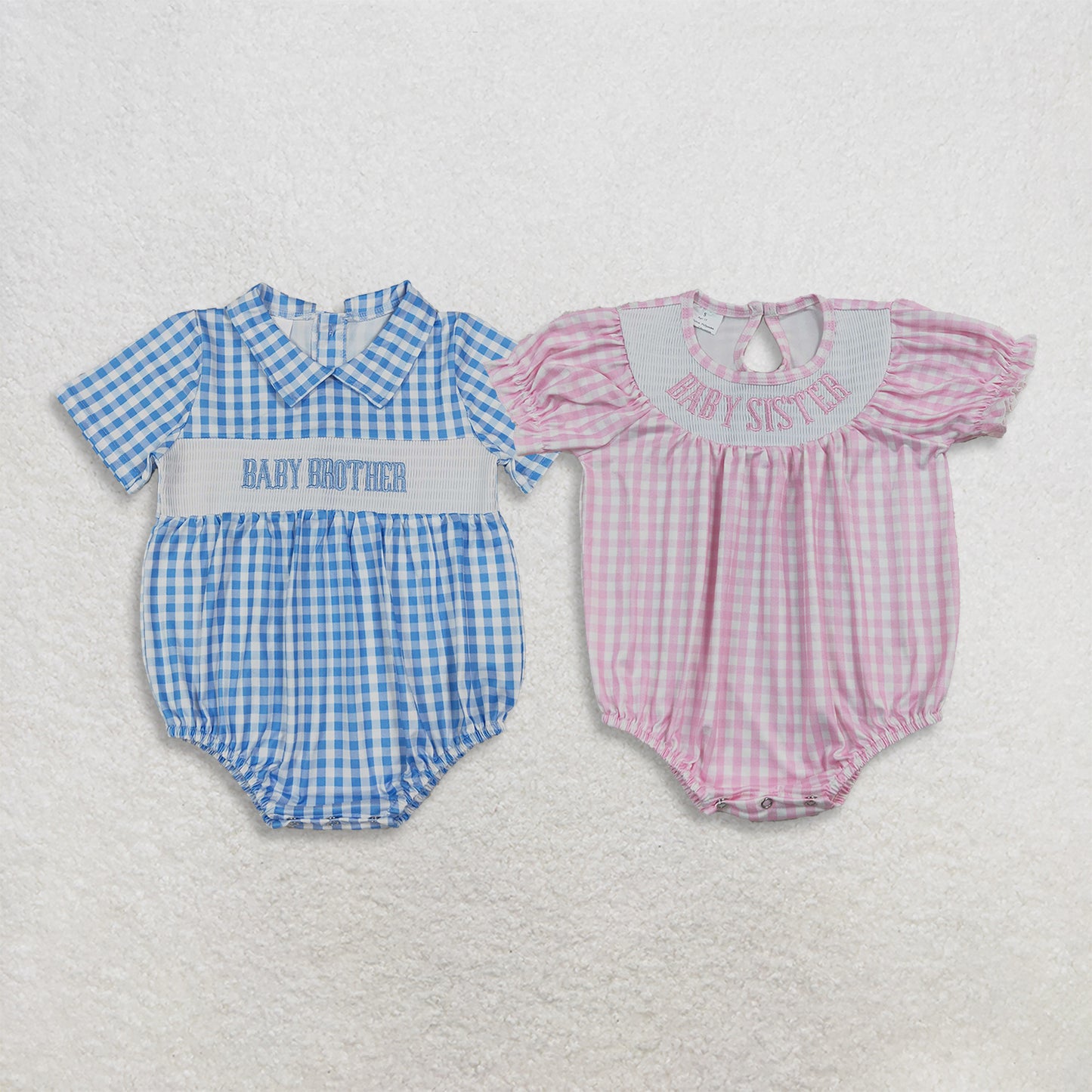 Sibling Smocked Baby Sister Brother Baby Kids Short Sleeve Pink Blue Checked Rompers