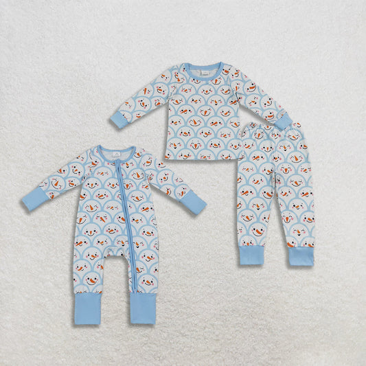 Sibling Baby Boys Blue Checked Snowmen Top Pant Christmas Pajamas Set Zip Rompers