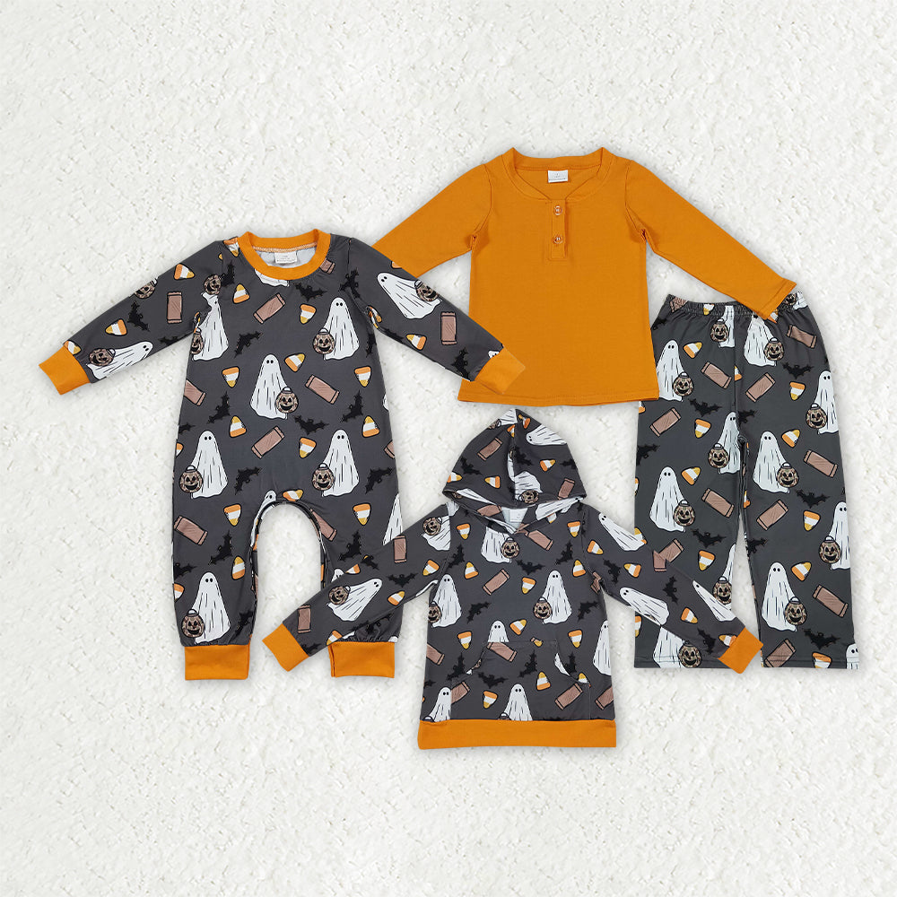 Sibling Baby Boys Orange Button Top Bats Ghosts Pant Halloween Clothes Set Hoodie Top