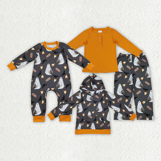 Sibling Baby Boys Orange Button Top Bats Ghosts Pant Halloween Clothes Set Hoodie Top