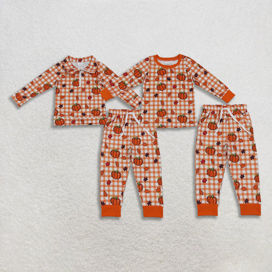 Sibling Baby Boys Orange Checked Leaves Pumpkins Zip Shirt Pockets Joggers Fall Clothes Sets