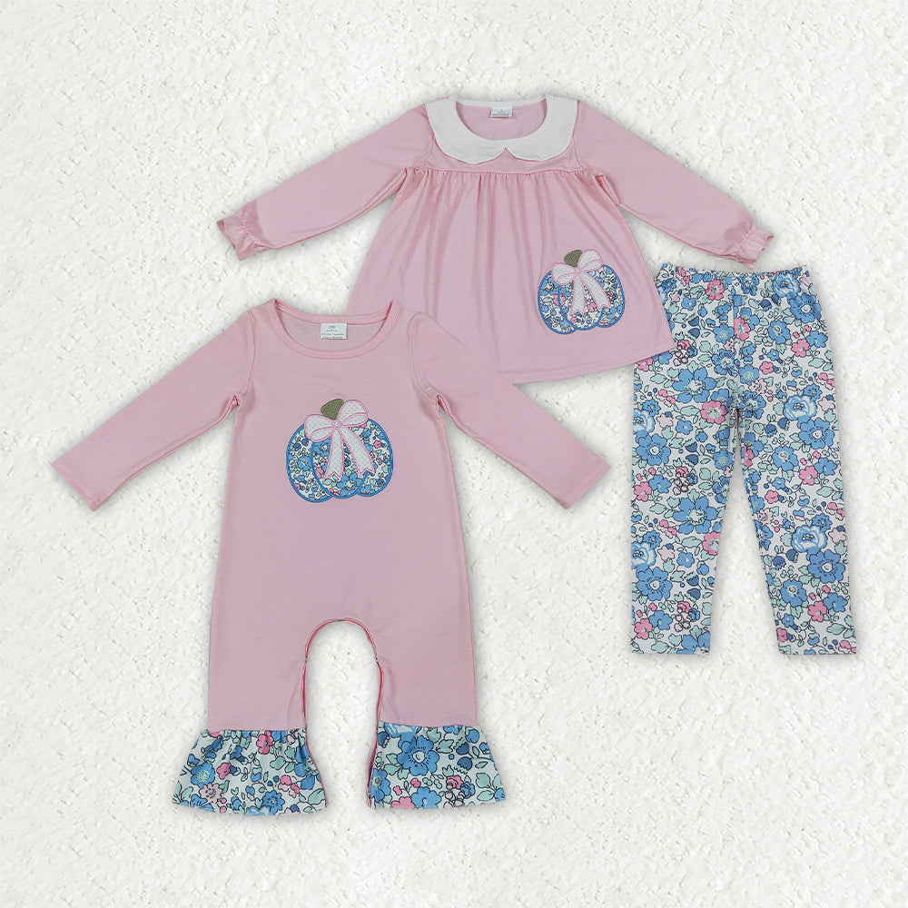 Sibling Baby Girls Embroidery Bow Flowers Pumpkins Fall Clothes Set Ruffle Pant Rompers