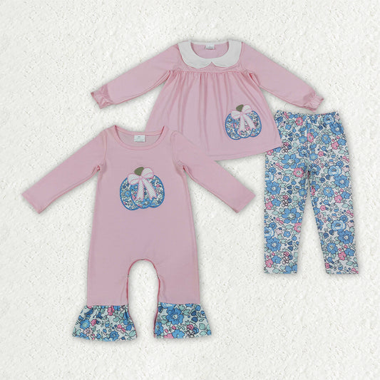 Sibling Baby Girls Embroidery Bow Flowers Pumpkins Fall Clothes Set Ruffle Pant Rompers