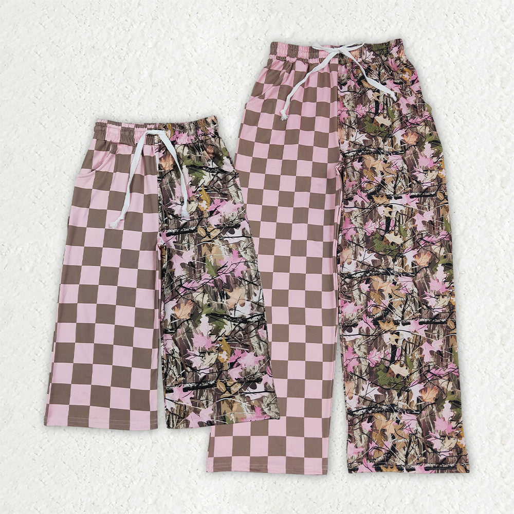 Mama and Me Girls Pink Checked Leaves Camo Pockets Flare Pants Bottom