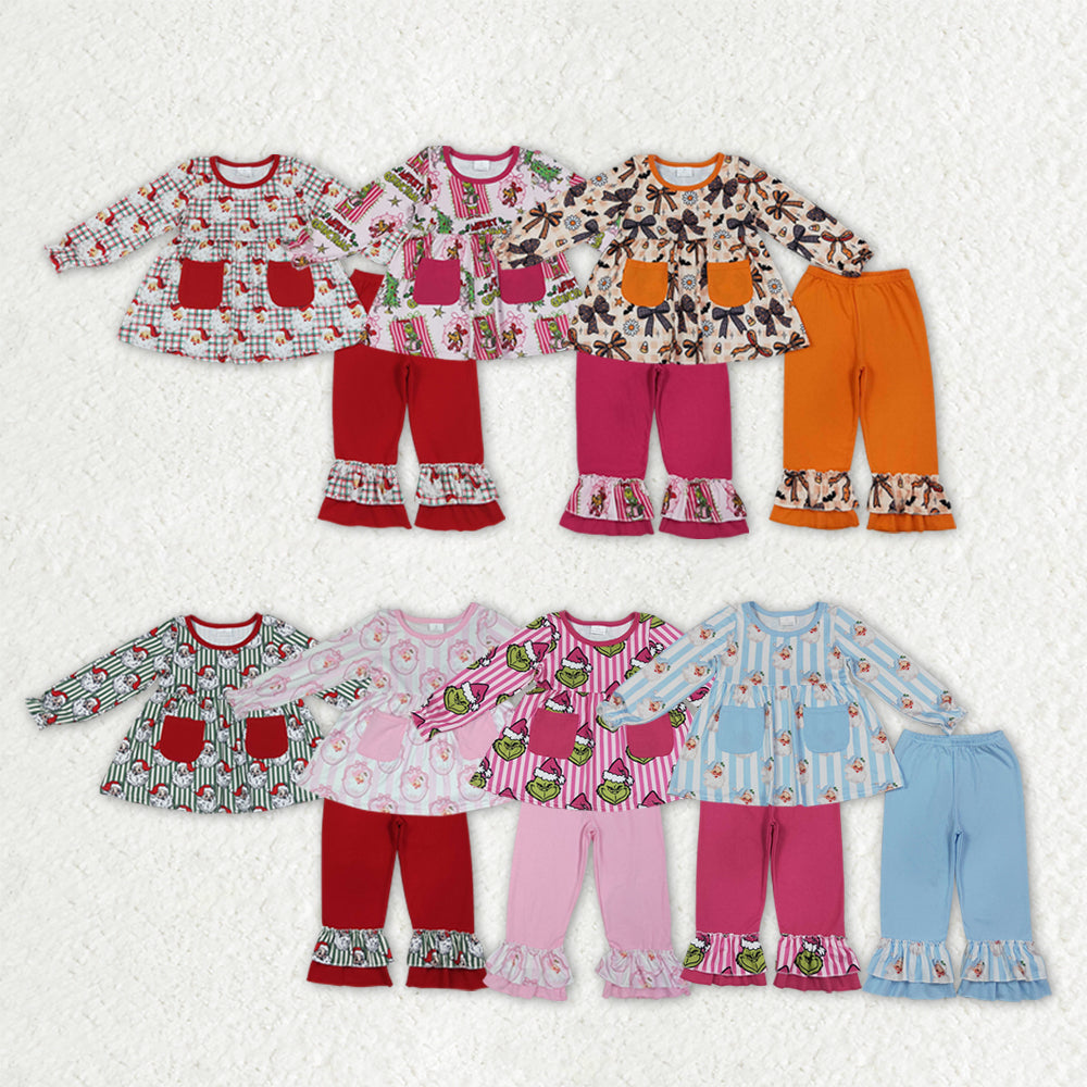 Sibling Baby Girls Santa Pockets Tunic Ruffle Pants Christmas Clothes Sets