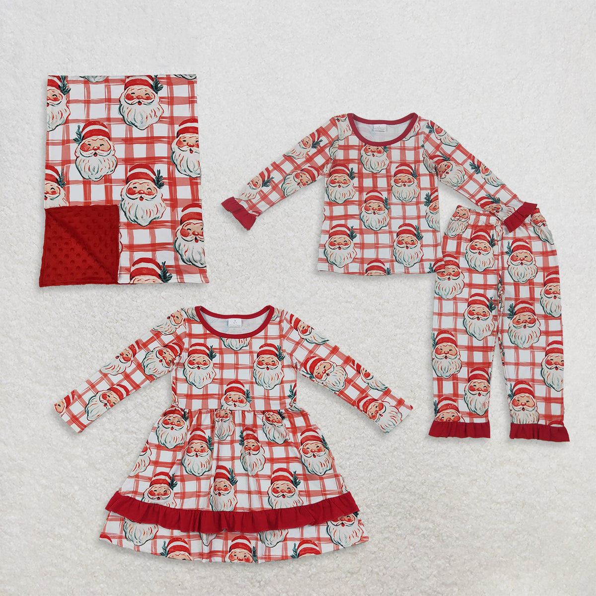 Sibling Baby Girls Red Checked Santa Ruffle Pant Christmas Pajamas Set Dress Blanked