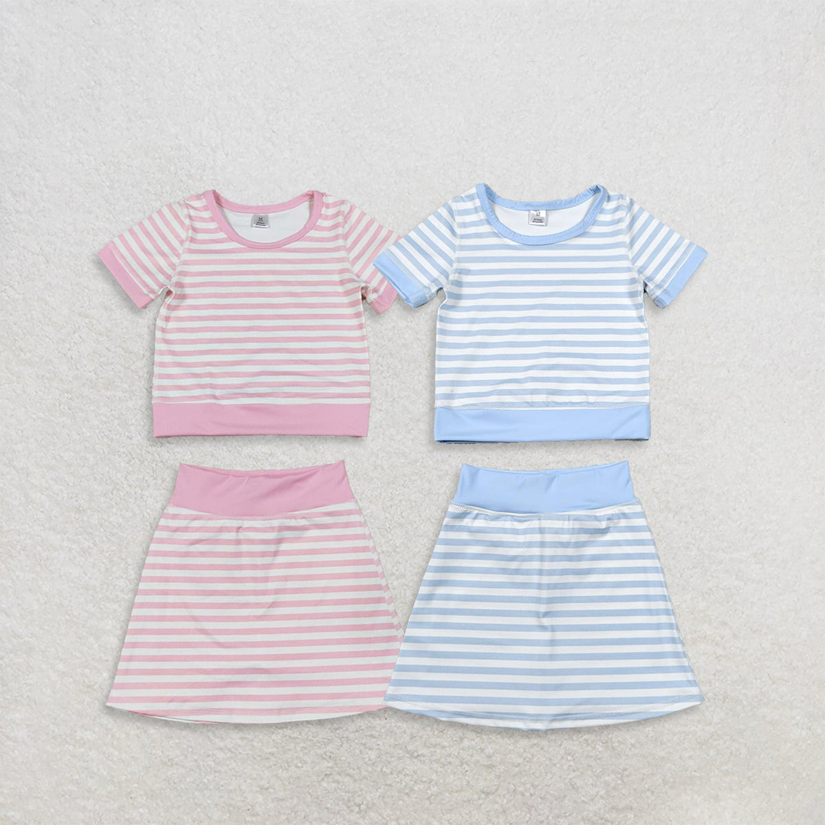 Sibling Baby Girls Pink Blue Stripe Short Sleeve Shirts Skirt Short Yoga Active Clothes Sets
