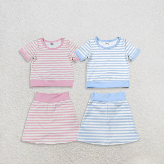 Sibling Baby Girls Pink Blue Stripe Short Sleeve Shirts Skirt Short Yoga Active Clothes Sets
