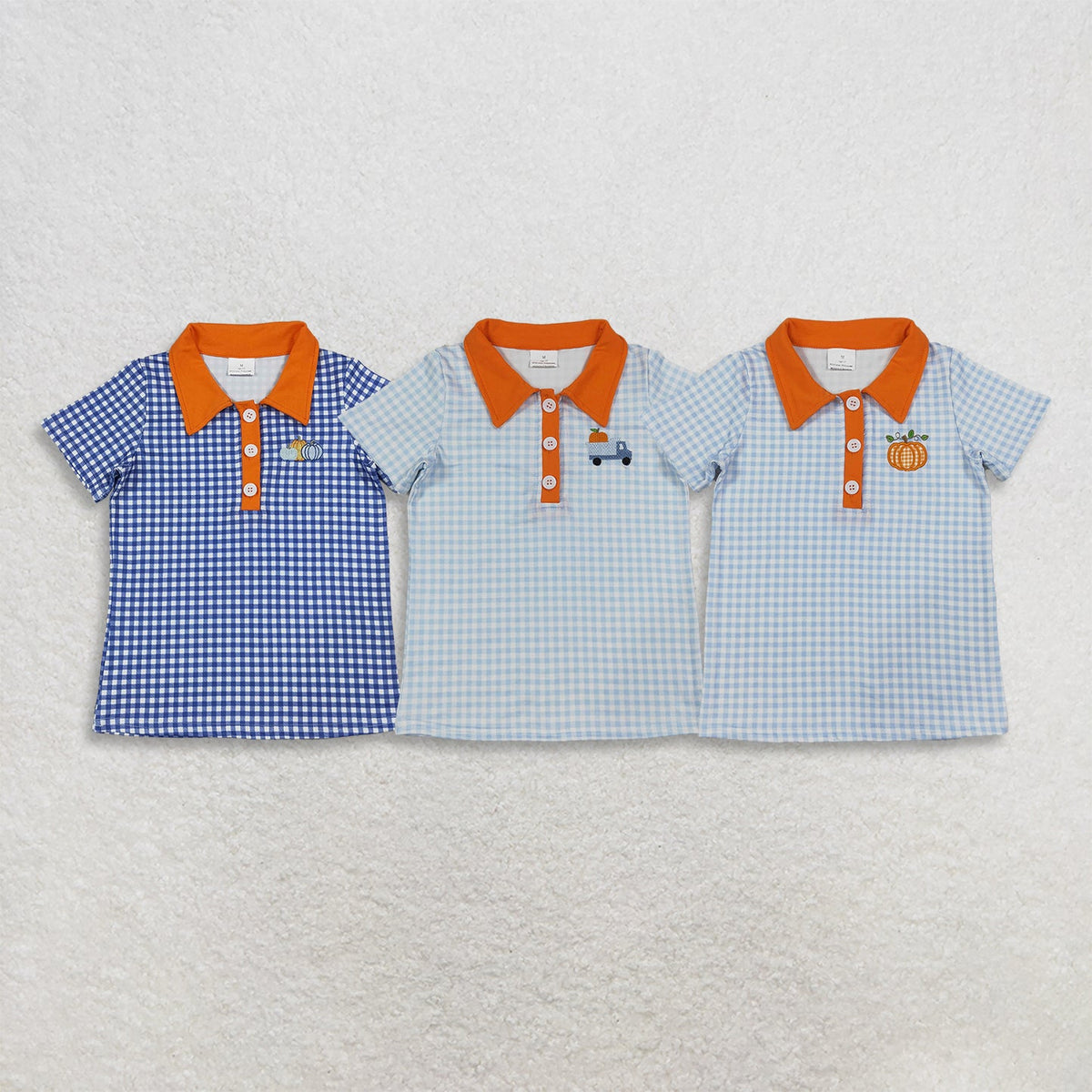 Sibling Baby Girls Blue Checked Embroidery Pumpkins Truck Fall Button Polo Shirts Top