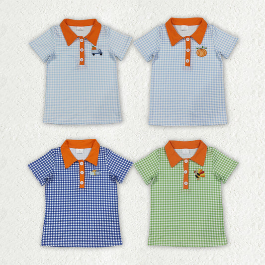 Sibling Baby Girls Blue Checked Embroidery Pumpkins Truck Fall Button Polo Shirts Top