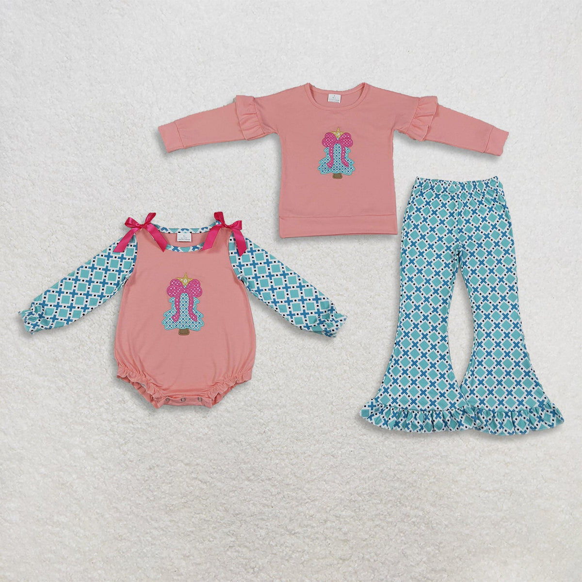 Sibling Baby Girls Embroidery Bow Trees Top Bell Bottom Pant Christmas Clothes Set Rompers