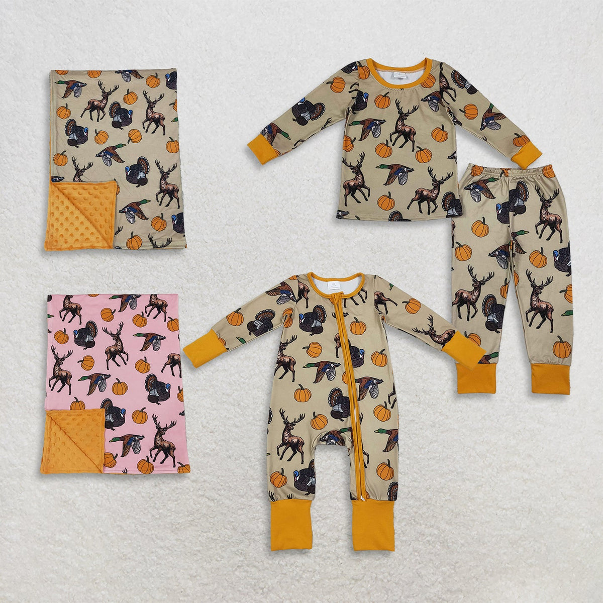Sibling Baby Kids Pumpkins Deer Fall Hunting Pajamas Sets Zip Romper Blanked