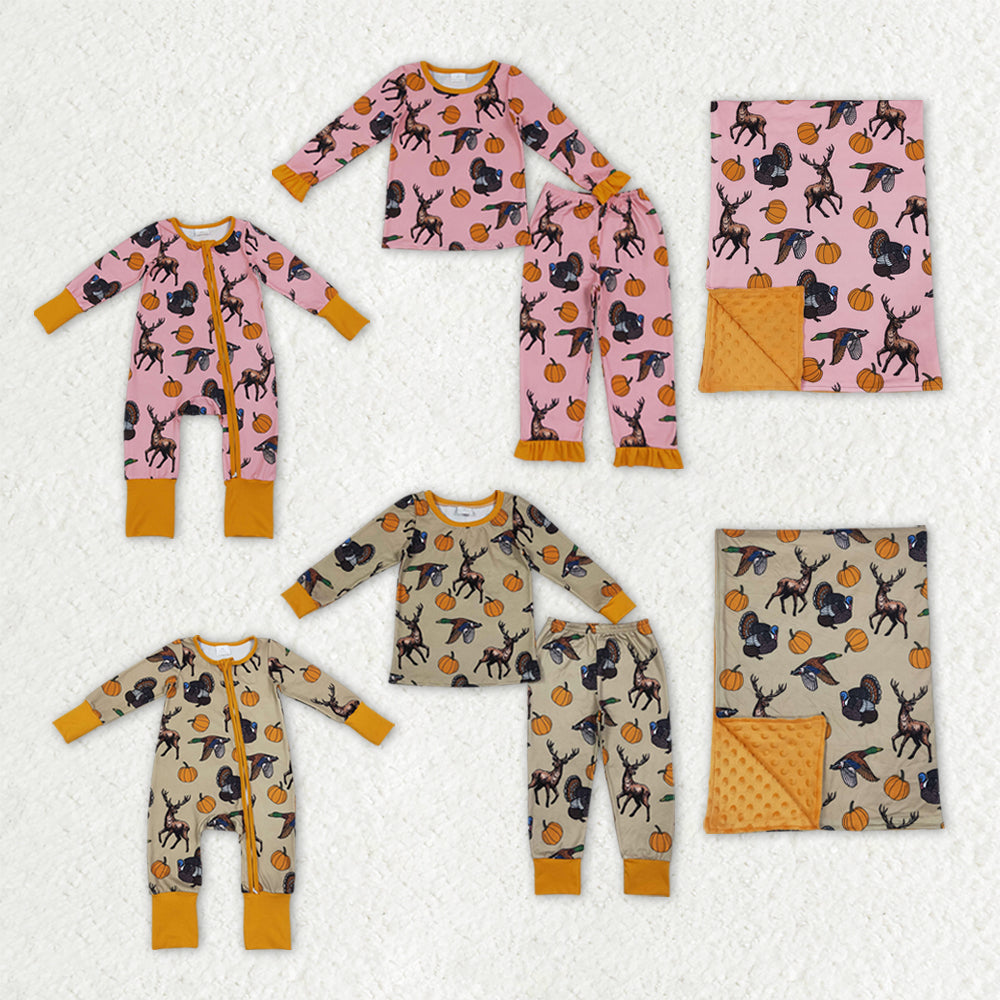 Sibling Baby Kids Pumpkins Deer Fall Hunting Pajamas Sets Zip Romper Blanked