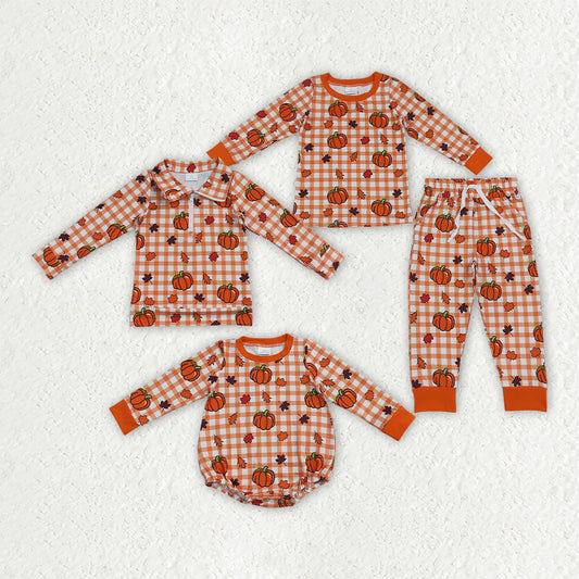 Sibling Baby Boys Pumpkins Leaves Fall Jogger Clothes Set Zip Pullover Rompers