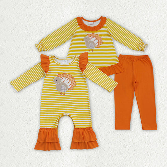 Sibling Baby Girls Embroidery Turkey Top Pant Thanksgivings Stripe Clothes Set Rompers