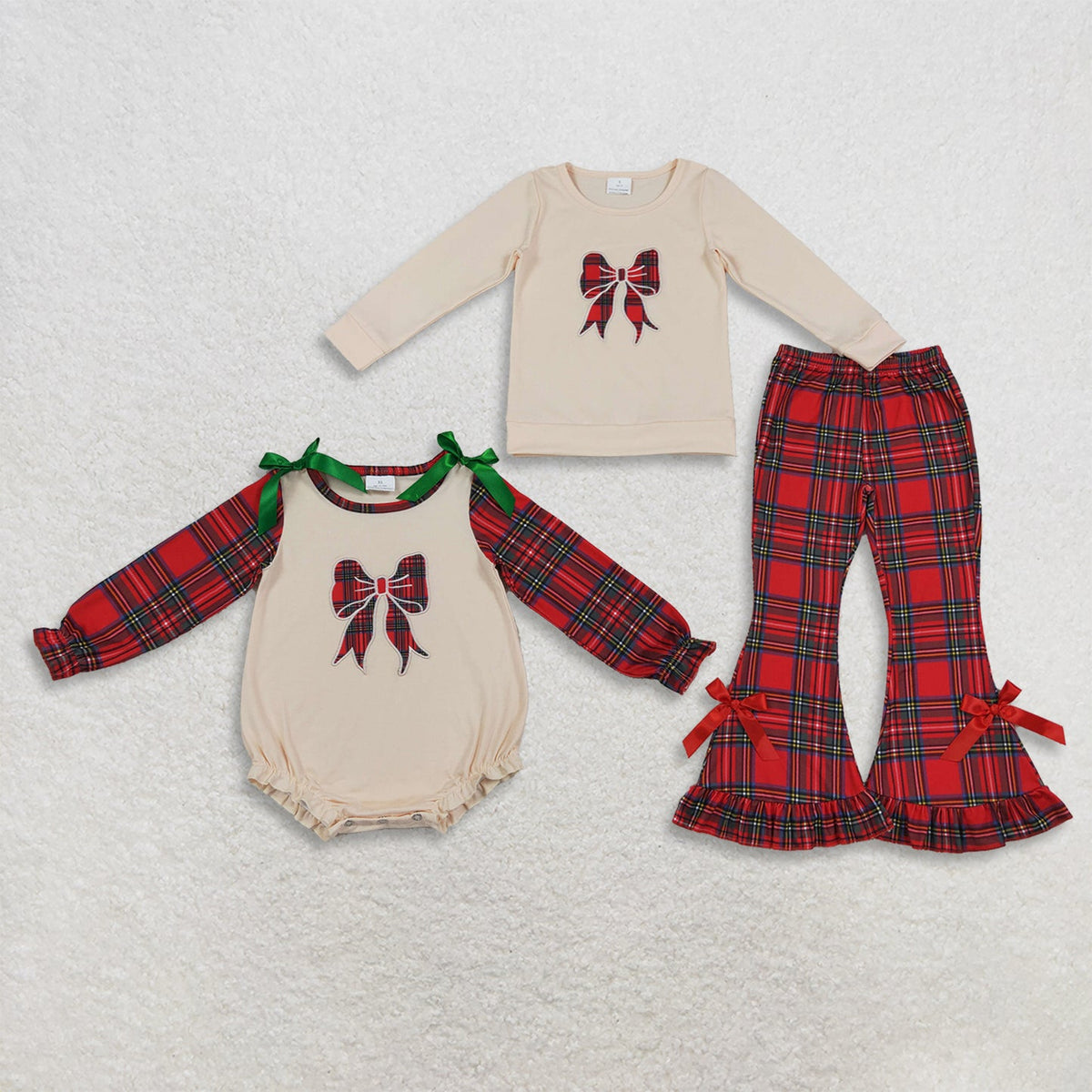 Sibling Baby Girls Embroidery Checked Bow Top Ruffle Pant Christmas Clothes Set Rompers