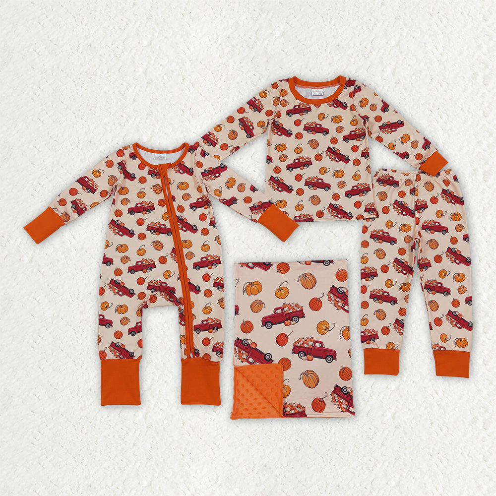 Sibling Baby Boys Pumpkins Cars Fall Pajamas Sets Zip Romper Pant Blanked