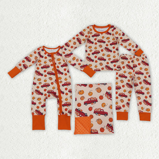 Sibling Baby Boys Pumpkins Cars Fall Pajamas Sets Zip Romper Blanked
