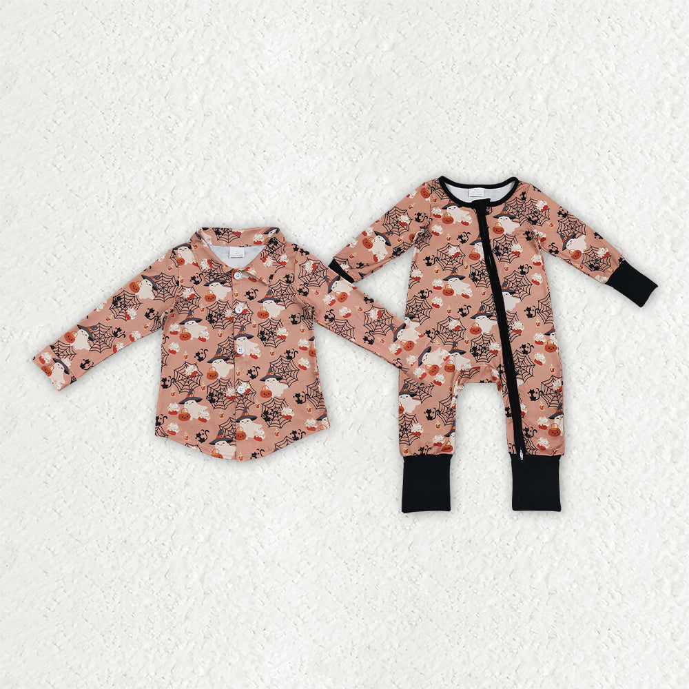 Sibling Baby Boys Spider-webs Ghost Pumpkins Halloween Button Shirt Zip Rompers
