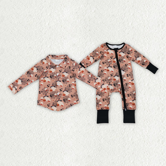 Sibling Baby Boys Spider-webs Ghost Pumpkins Halloween Button Shirt Zip Rompers