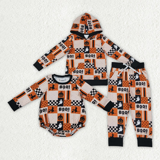 Sibling Baby Boys BOO Ghost Pumpkins Halloween Hoodie Clothes Set Rompers