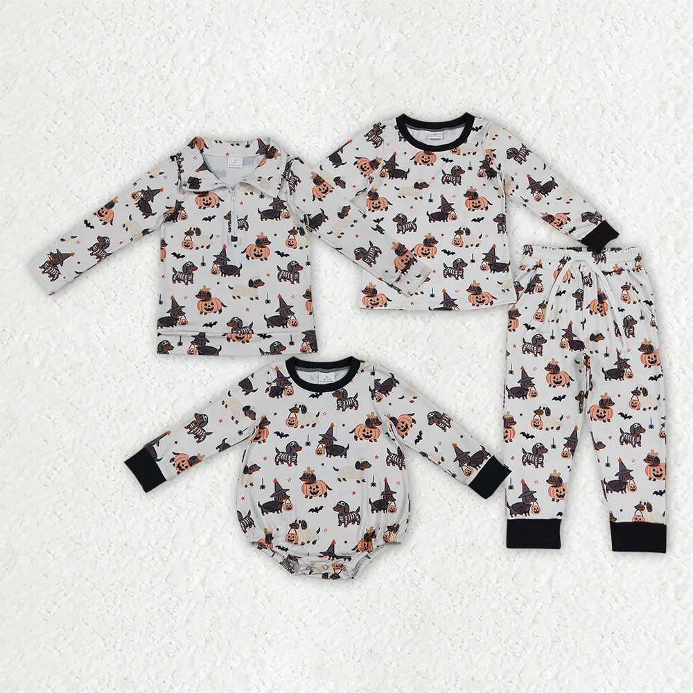 Sibling Baby Boys Ghosts Pumpkins Dogs Halloween Pullover Top Pajamas Set Rompers