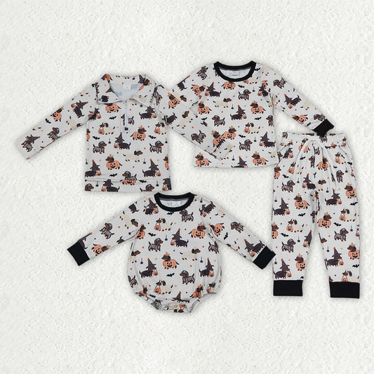 Sibling Baby Boys Ghosts Pumpkins Dogs Halloween Pullover Top Pajamas Set Rompers