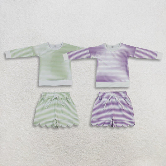 Siblings Baby Girls Long Sleeve Stripe Top Pockets Scallop Shorts Yoga Active Clothes Sets